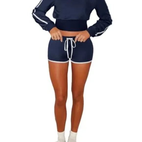 Off Shoulder Lounge Set Long Sleeve Top Shorts Two Piece Tracksuit Chic